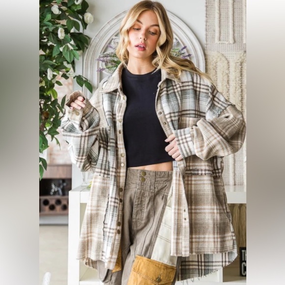 102 OLI & HALI  ❤️ WASHED MIXED PLAID RAW HEM LONG SLEEVE SHIRT SHACKET - Picture 3 of 3